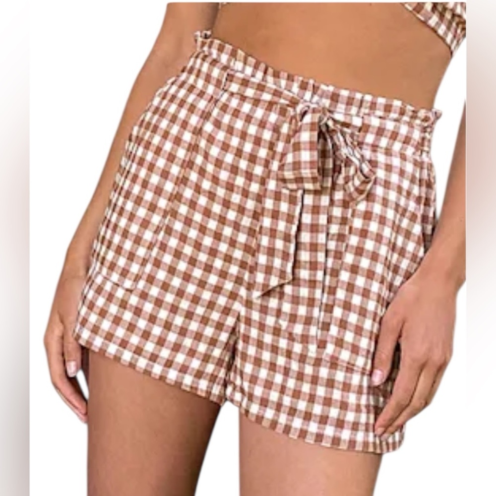 Lulus Brown White Gingham Plaid Pull On Elastic Belted Lined Shorts Size XS